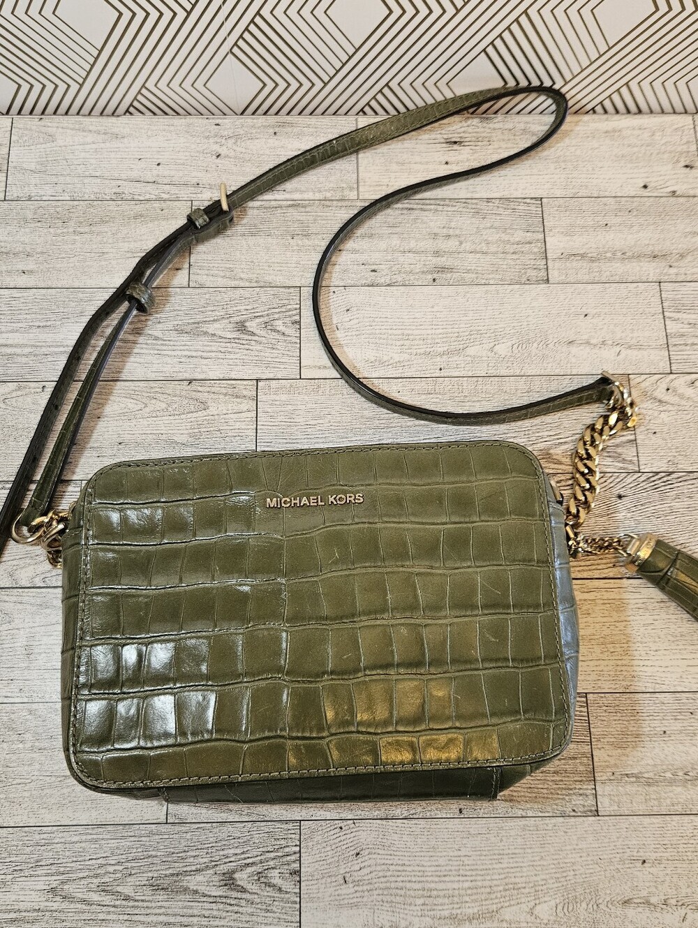 Michael Kors Ginny Croc Embossed Tassel Charm Crossbody Bag Green